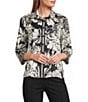 Multiples Petite Size Woven Sateen Floral Point Collar 3/4 Banded Sleeve Button Front Shirt - Image 1
