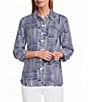 Multiples Petite Size Woven Spliced Stripe Collared 3/4 Turn-Up Sleeve Button-Front Shirt - Image 1