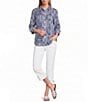 Multiples Petite Size Woven Spliced Stripe Collared 3/4 Turn-Up Sleeve Button-Front Shirt - Image 5