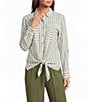 Multiples Petite Size Woven Yarn Dye Stripe Point Collar Long Roll-Tab Sleeve Button Front Tie Shirt - Image 1