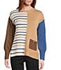 Multiples Petite Size Yarn-Dye Solid Stripe Print Crew Neck Long Sleeve Sweater Knit Top, Color:Multi - Image 1