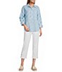 Multiples Petite Size Yarn-Dye Stripe Point Collar Long Roll-tab Sleeve Button-Front Shirt - Image 5