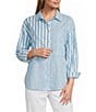 Multiples Petite Size Yarn-Dye Stripe Point Collar Long Roll-tab Sleeve Button-Front Shirt - Image 3