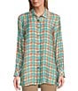 Color:Multi - Image 1 - Plaid Print Crinkle Woven Long Sleeve Turn-Up Cuffs Hi-Low Button-Front Shirt