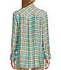 Color:Multi - Image 2 - Plaid Print Crinkle Woven Long Sleeve Turn-Up Cuffs Hi-Low Button-Front Shirt
