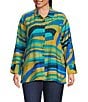 Multiples Plus Size Abstract Point Collar 3/4 Turn-Up Cuff Sleeve Button Front Shirt, Color:Multi - Image 1