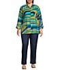Multiples Plus Size Abstract Point Collar 3/4 Turn-Up Cuff Sleeve Button Front Shirt, Color:Multi - Image 3