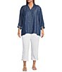 Multiples Plus Size All-Over Embroidered Point Collar 3/4 Roll-Tab Sleeve Button-Front Shirt - Image 3