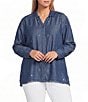 Multiples Plus Size All-Over Embroidered Point Collar 3/4 Roll-Tab Sleeve Button-Front Shirt - Image 4