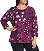 Multiples Plus Size Brushed Hatchie Knit Floral Multi Scoop Neck 3/4 Dolman Sleeve Top - Image 1