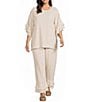 Multiples Plus Size Coordinating Textured Slub Elastic Drawstring Double Fringe Flounce Hem Cropped Pants - Image 3