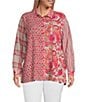 Color:Multi - Image 1 - Plus Size Crinkle Mixed Print Point Collar Long Roll-Tab Sleeve Button-Front Shirt