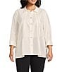 Multiples Plus Size Crinkle Poplin Point Collar 3/4 Flip Back Cuff Fit & Flare Button Front Shirt, Color:Winter White - Image 1