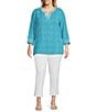 Color:Ocean - Image 3 - Plus Size Crinkle Printed Banded Split V-Neck 3/4 Sleeve Ric-Rac Trim Fitted Tunic