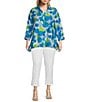 Color:Multi - Image 3 - Plus Size Crinkle Woven Printed Stand Collar V-Neck 3/4 Sleeve Button-Front Shirt