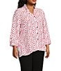 Multiples Plus Size Crinkle Woven Printed Wire Collar 3/4 Sleeve Hi-Low Hem Button Front Shirt, Color:Fiery Red - Image 3