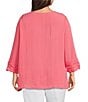 Multiples Plus Size Crinkle Woven Scoop Neck 3/4 Sleeve Shirred Front Top - Image 2