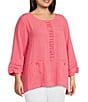 Multiples Plus Size Crinkle Woven Scoop Neck 3/4 Sleeve Shirred Front Top - Image 3