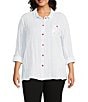 Multiples Plus Size Crinkle Woven Star Stripe Print Point Collar Long Roll-Tab Sleeve Hi-Low Hem Button Front Shirt, Color:Rich Navy - Image 1