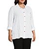 Multiples Plus Size Crinkle Woven Star Stripe Print Point Collar Long Roll-Tab Sleeve Hi-Low Hem Button Front Shirt, Color:Rich Navy - Image 3