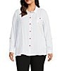 Multiples Plus Size Crinkle Woven Star Stripe Print Point Collar Long Roll-Tab Sleeve Hi-Low Hem Button Front Shirt, Color:Rich Navy - Image 4