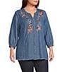 Multiples Plus Size Denim Embroidered Split Round Neck 3/4 Sleeve Fringe Hem Button-Front Shirt - Image 1