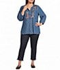 Multiples Plus Size Denim Embroidered Split Round Neck 3/4 Sleeve Fringe Hem Button-Front Shirt - Image 3