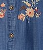 Multiples Plus Size Denim Embroidered Split Round Neck 3/4 Sleeve Fringe Hem Button-Front Shirt - Image 4