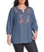 Multiples Plus Size Denim Embroidered Split Round Neck 3/4 Sleeve Fringe Hem Button-Front Shirt - Image 1