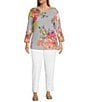Multiples Plus Size Embellished Placement Print Scoop Neck 3/4 Sleeve Fitted Knit Top, Color:Multi - Image 3