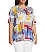 Multiples Plus Size Embellished Printed Scoop Neck 3/4 Sleeve Fitted Knit Top, Color:Multi - Image 3