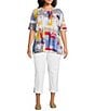 Multiples Plus Size Embellished Printed Scoop Neck 3/4 Sleeve Fitted Knit Top, Color:Multi - Image 5