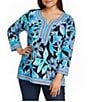 Multiples Plus Size Floral Stripe Split V-Neck 3/4 Sleeve Side Vents Top - Image 1