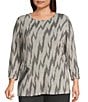 Multiples Plus Size Grey Print Scoop Neck 3/4 Sleeve Top, Color:Grey Print - Image 1