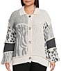 Multiples Plus Size Jacquard Knit Solid Mixed Animal Print Collared 3/4 Sleeve Button Front Cardigan, Color:Multi - Image 2