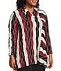 Multiples Plus Size Jacquard Knit Textured Wavy Stripe Print Collar Neck 3/4 Sleeve Top, Color:Crimson - Image 3