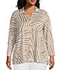 Color:Stone - Image 1 - Plus Size Jacquard Knit Zebra Print Point Collar 3/4 Roll-Tab Sleeve Fitted Button-Front Shirt