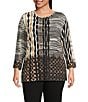 Multiples Plus Size Knit Color Block Stripe Geometric Print Embellished Neckline 3/4 Sleeve Top, Color:Multi - Image 1