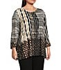 Multiples Plus Size Knit Color Block Stripe Geometric Print Embellished Neckline 3/4 Sleeve Top, Color:Multi - Image 3