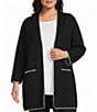 Multiples Plus Size Knit Contrast Stitch Shawl Collar 3/4 Sleeve Patch Pocket Open Front Cardigan - Image 1