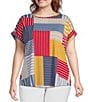 Color:Patchwork Multi - Image 1 - Plus Size Knit Patchwork Print Crew Neck Short Cuffed Sleeve Top