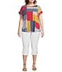 Color:Patchwork Multi - Image 3 - Plus Size Knit Patchwork Print Crew Neck Short Cuffed Sleeve Top