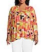 Multiples Plus Size Knit Square Multi Long Sleeve Open-Front Matching Tank Top Set, Color:Square Multi - Image 1