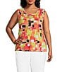 Multiples Plus Size Knit Square Multi Long Sleeve Open-Front Matching Tank Top Set, Color:Square Multi - Image 3