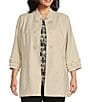 Color:Natural - Image 1 - Plus Size Linen-Blend Stand Collar 3/4 Sleeve Double Button Jacket