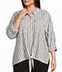 Multiples Plus Size Linen Blend Yarn Dye Stripe Point Collar Long Roll-Tab Sleeve Button Tie Front Shirt - Image 1