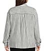 Multiples Plus Size Linen Blend Yarn Dye Stripe Point Collar Long Roll-Tab Sleeve Button Tie Front Shirt - Image 2