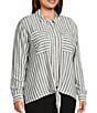 Multiples Plus Size Linen Blend Yarn Dye Stripe Point Collar Long Roll-Tab Sleeve Button Tie Front Shirt - Image 3