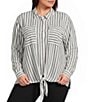 Multiples Plus Size Linen Blend Yarn Dye Stripe Point Collar Long Roll-Tab Sleeve Button Tie Front Shirt - Image 1