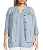 Multiples Plus Size Lyocell Printed Point Collar 3/4 Flounce Sleeve Button Front Peplum Jacket, Color:Denim Print - Image 1